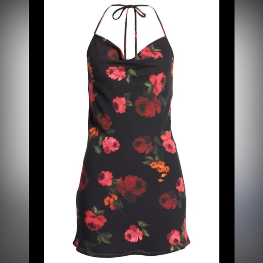 Top shop dark floral halter  tie mini dress with low back and cowl neck